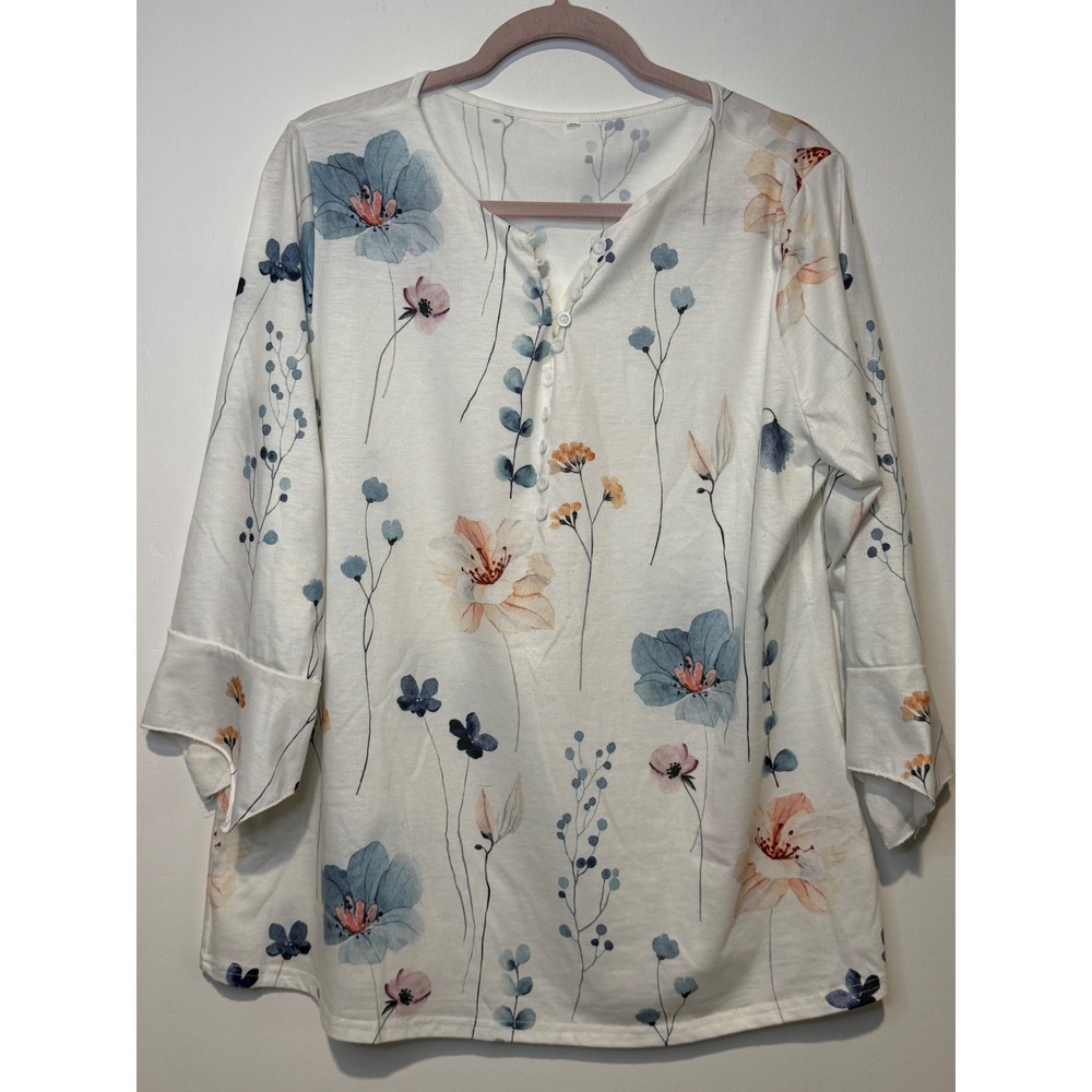 Floral Henley Top XL White Blue Botanical Print 3/4 Sleeve Button Neck